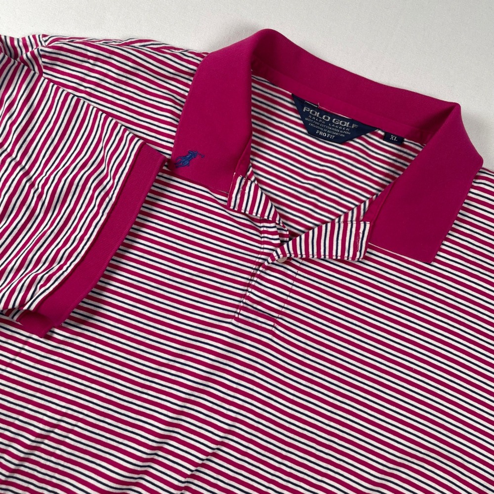 Polo Golf Ralph Lauren Striped Polo Shirt Mens XL Pro‎ Fit Pink White